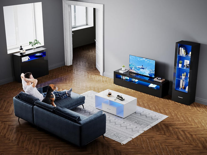 SONNI TV-Schrank Modern 120cm, Lowboard Hochglanz Schwarz mit 16 Farben LED-Beleuchtung, 2 Schublade