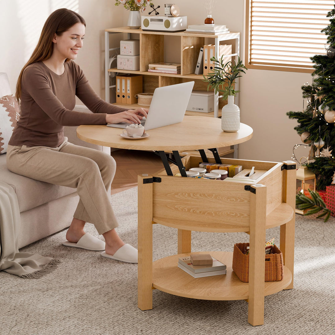 ELUCHANG Couchtisch Rund mit Hebeplatte, Couchtisch Höhenverstellbarer 2 in 1, Beistelltisch Wohnzim