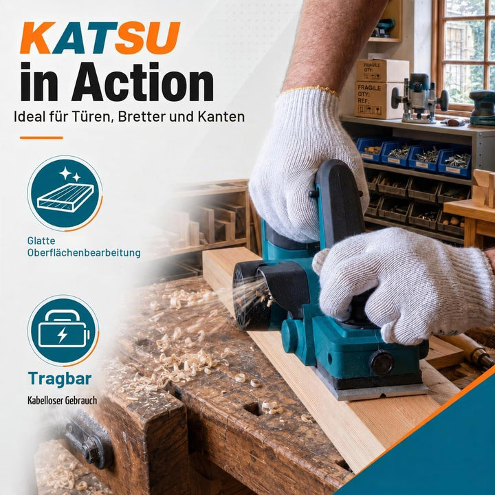KATSU FIT-BAT 21V Akku Hobel, Elektrischer Handhobel mit 82mm Hobelbreite, bis 2mm Spantiefe, 15000R