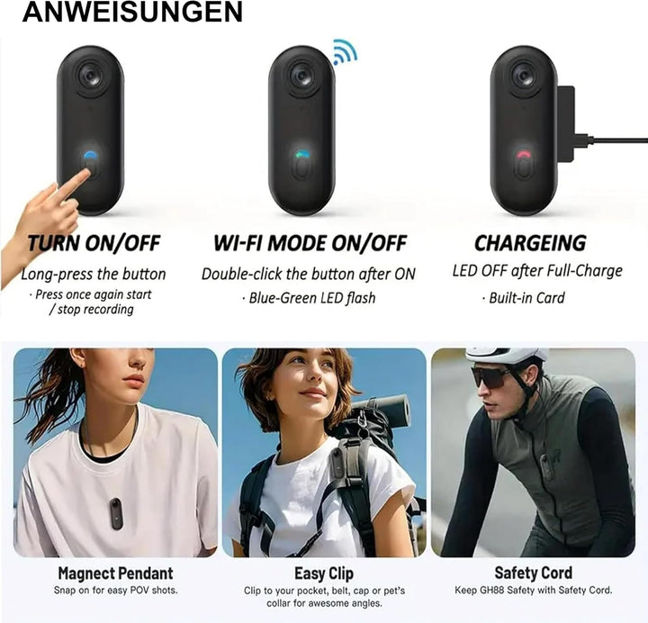 Zeerkeer Mini Thumb Action Kamera 120° Weitwinkelobjektiv 1080P Mini-Körperkamera mit magnetischem T