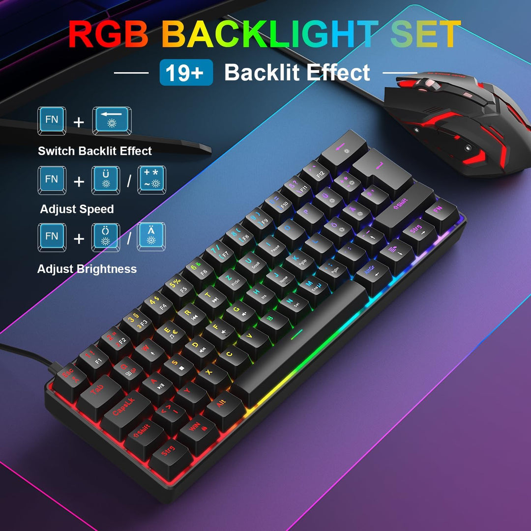 Gaming Tastatur und Maus Set, 60% QWERTZ Layout Mini Mechanische Tastatur mit RGB Beleuchtete, Red S