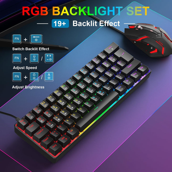 Gaming Tastatur und Maus Set, 60% QWERTZ Layout Mini Mechanische Tastatur mit RGB Beleuchtete, Red S