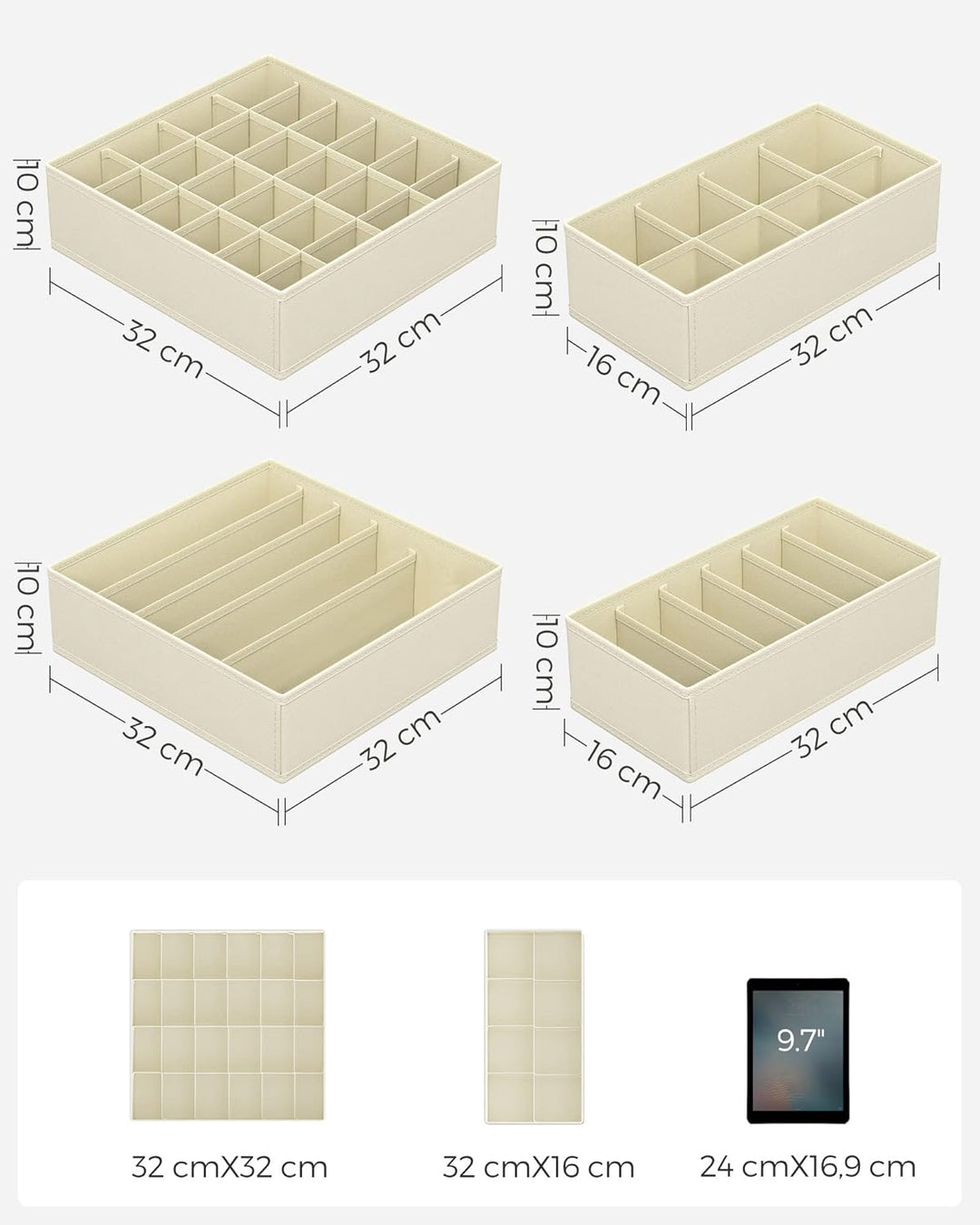 SONGMICS Unterwäsche-Organizer 4er Set, Schubladen-Organizer, faltbar, Ordnungssystem Kleiderschrank
