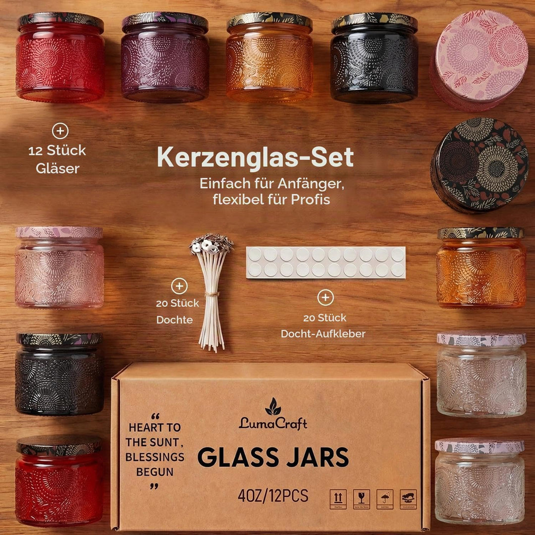 LumaCraft Candle Luxus Relief Kerzengläser zum Kerzen giessen- 12er Pack Leere Glasgefässe mit Luftd