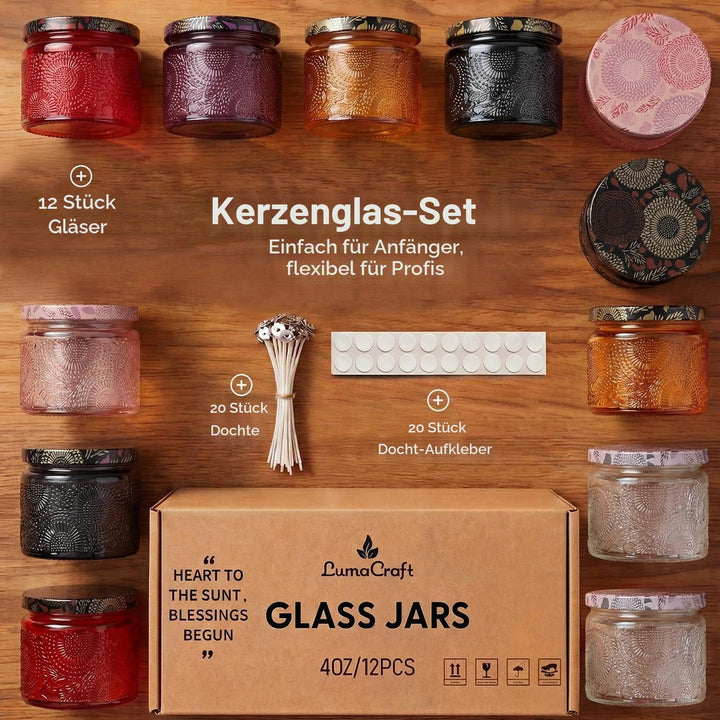 LumaCraft Candle Luxus Relief Kerzengläser zum Kerzen giessen- 12er Pack Leere Glasgefässe mit Luftd