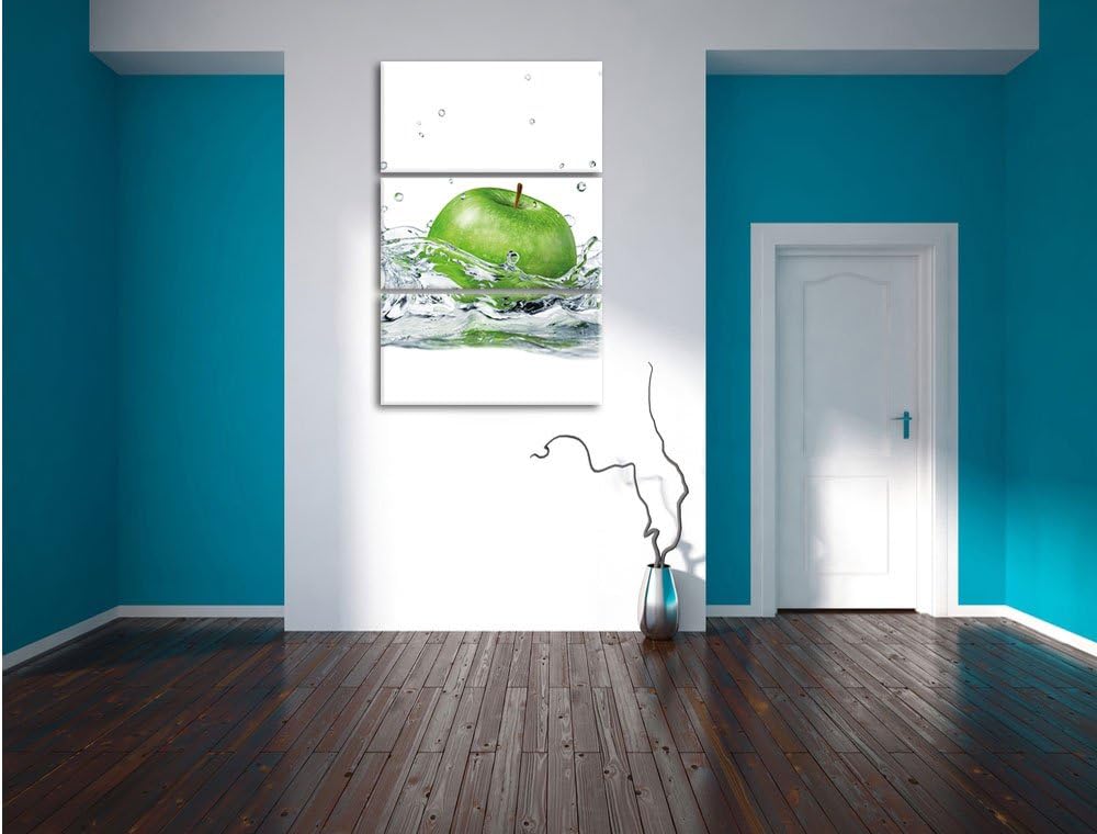 Pixxprint Grüner Apfel fällt ins Wasser als Leinwandbild/Grösse: 3 Teilig (120x80) cm/Wandbild/Kunst