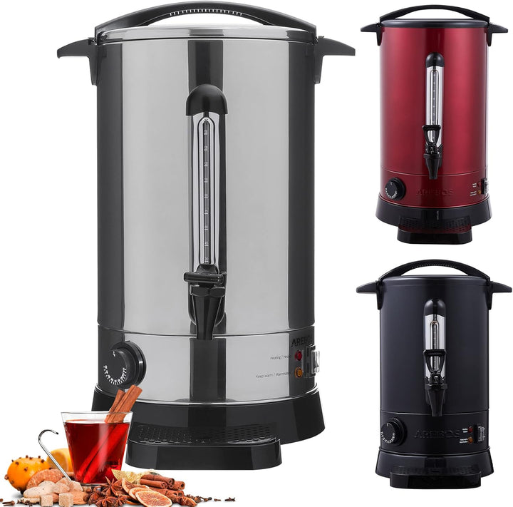 Arebos Glühweinkocher 1650 W | Heissgetränkespender | 20 L | mit Auffangschale, Auslasshahn, Thermos