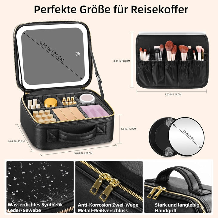 Reisekosmetiktasche mit beleuchtetem Spiegel, unterteilbare Kosmetiktasche Kosmetiktasche mit 3 Farb