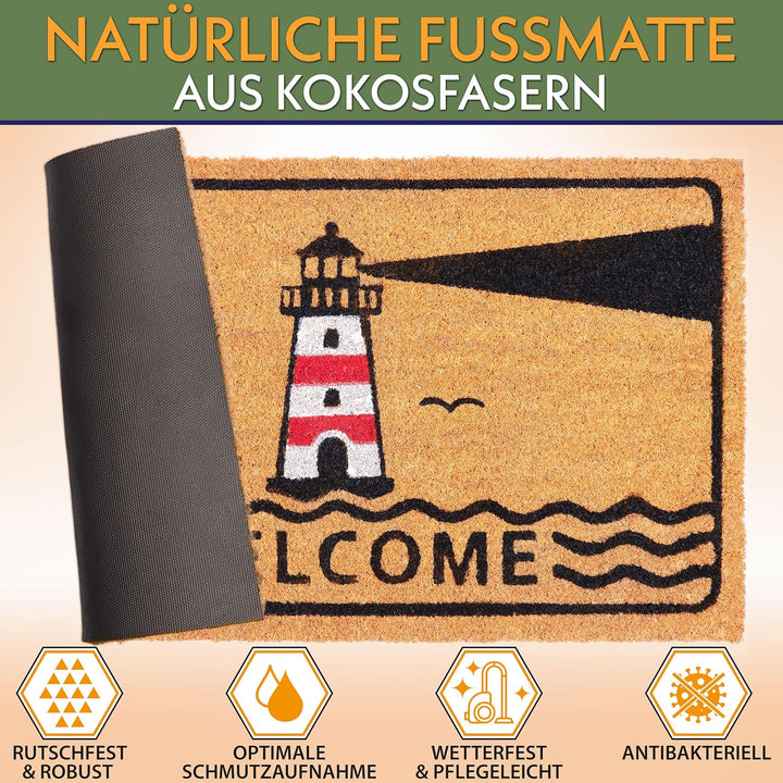 BRUBAKER Fussmatte für Aussen und Innen - Welcome mit Leuchtturm - 45 x 75 cm Schmutzfangmatte aus K