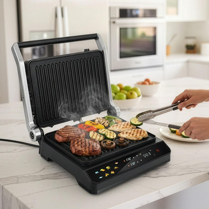 LEHMANN Kontaktgrill, 2000 W, Tischgrill 180° aufklappbar, Abnehmbare Antihaftplatten, Display: 10 P