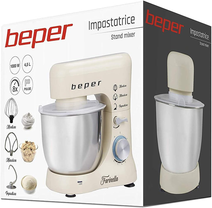 BEPER BP.200 Knetmaschine für Planeten, Leistung 1000 W, Behälter aus Edelstahl mit 4,5 l Fassungsve