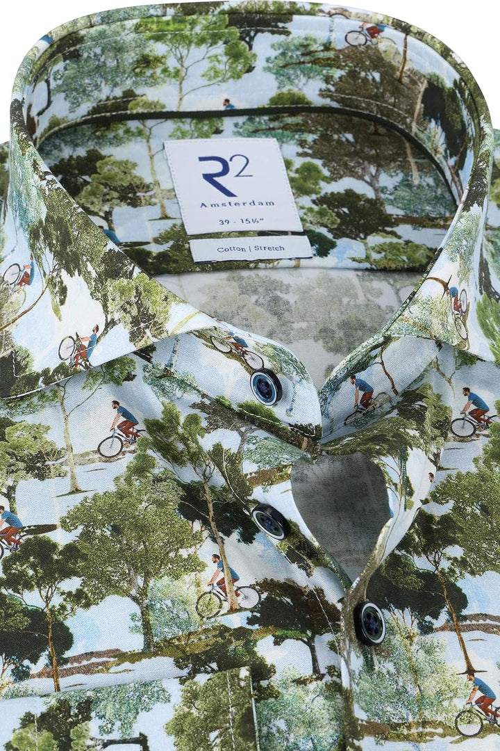 R2 Amsterdam Herren Business Hemd Langarm mit Landschafts-Alloverprint, Multicolour