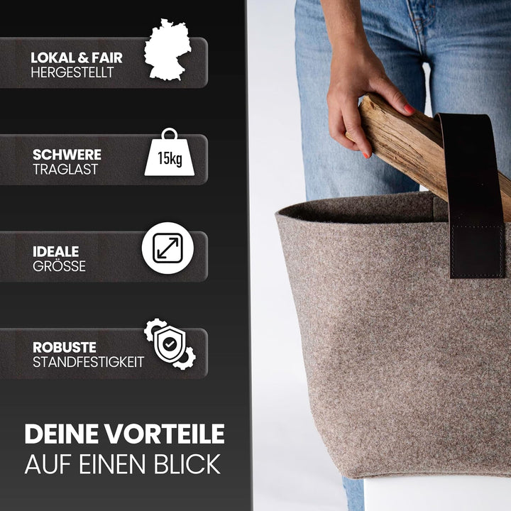 Designer Kaminholzkorb Filz [30L] - Made in Germany Holzkorb für Kaminholz aus upcycling rPET Filz m