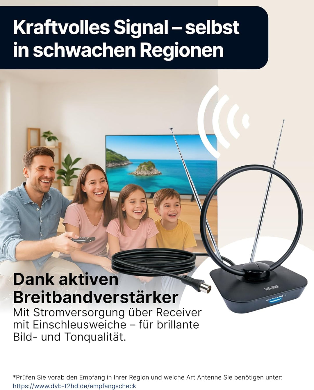 SCHWAIGER 720365 DVB-T2 Zimmerantenne aktiv mit Verstärker DAB+ DVB-T Antenne Fernsehen LTE-Sperrfil