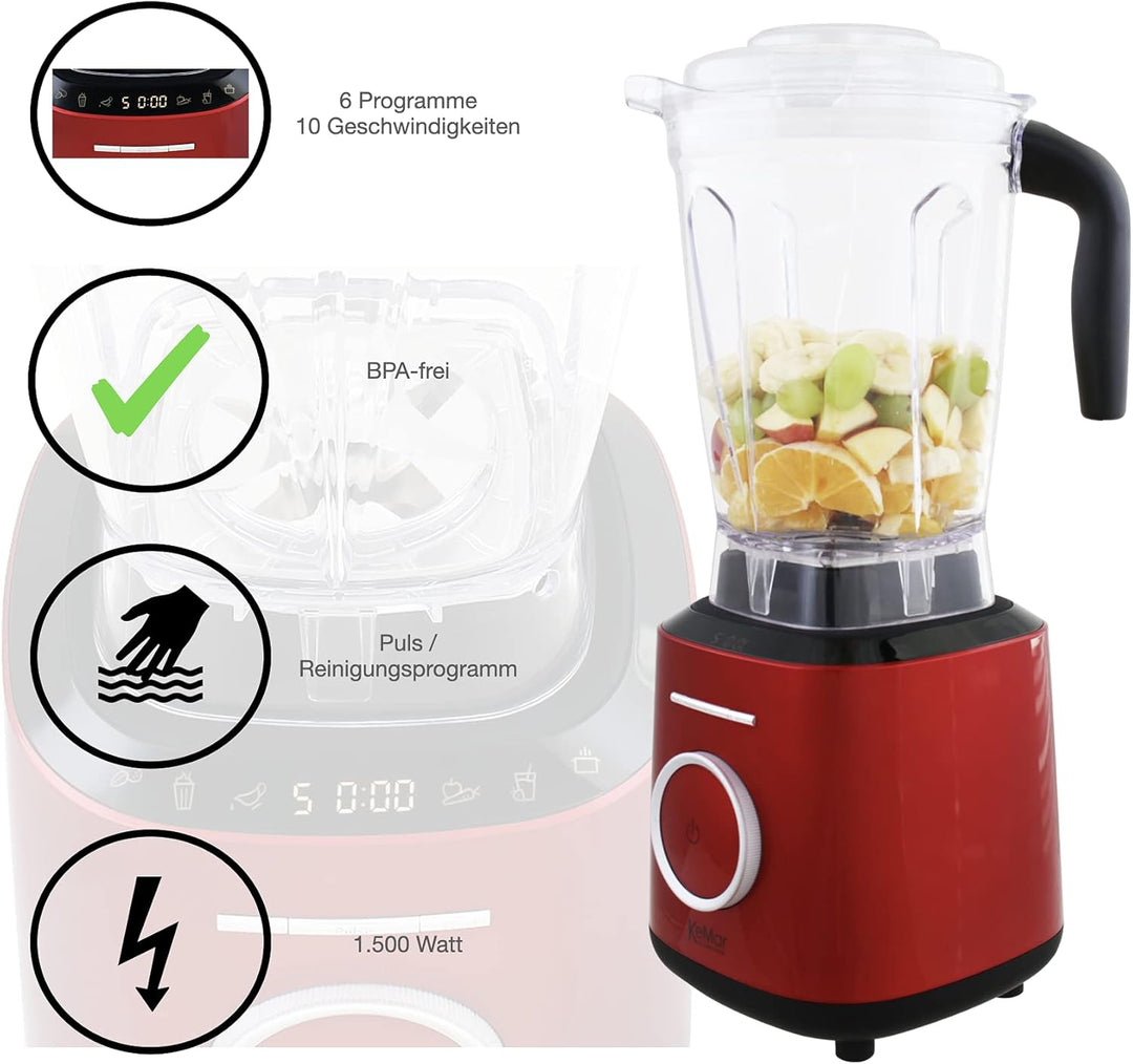 KeMar Standmixer (1500W, 2 Liter) Hochleistungsmixer, Mixer + GRATIS Bambus Trinkhalme - mit Touch B