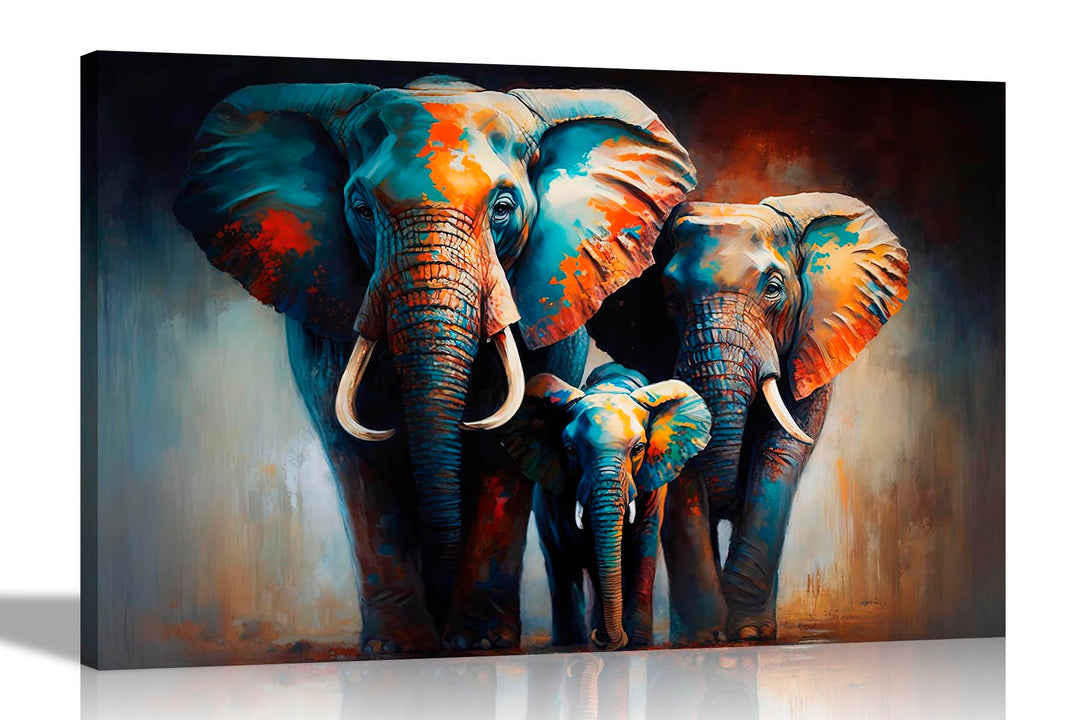 Artley Prints - Elefantenfamilie in der Wildnis, bunte Leinwand-Wandkunst für Wohnzimmer, gerahmt, a