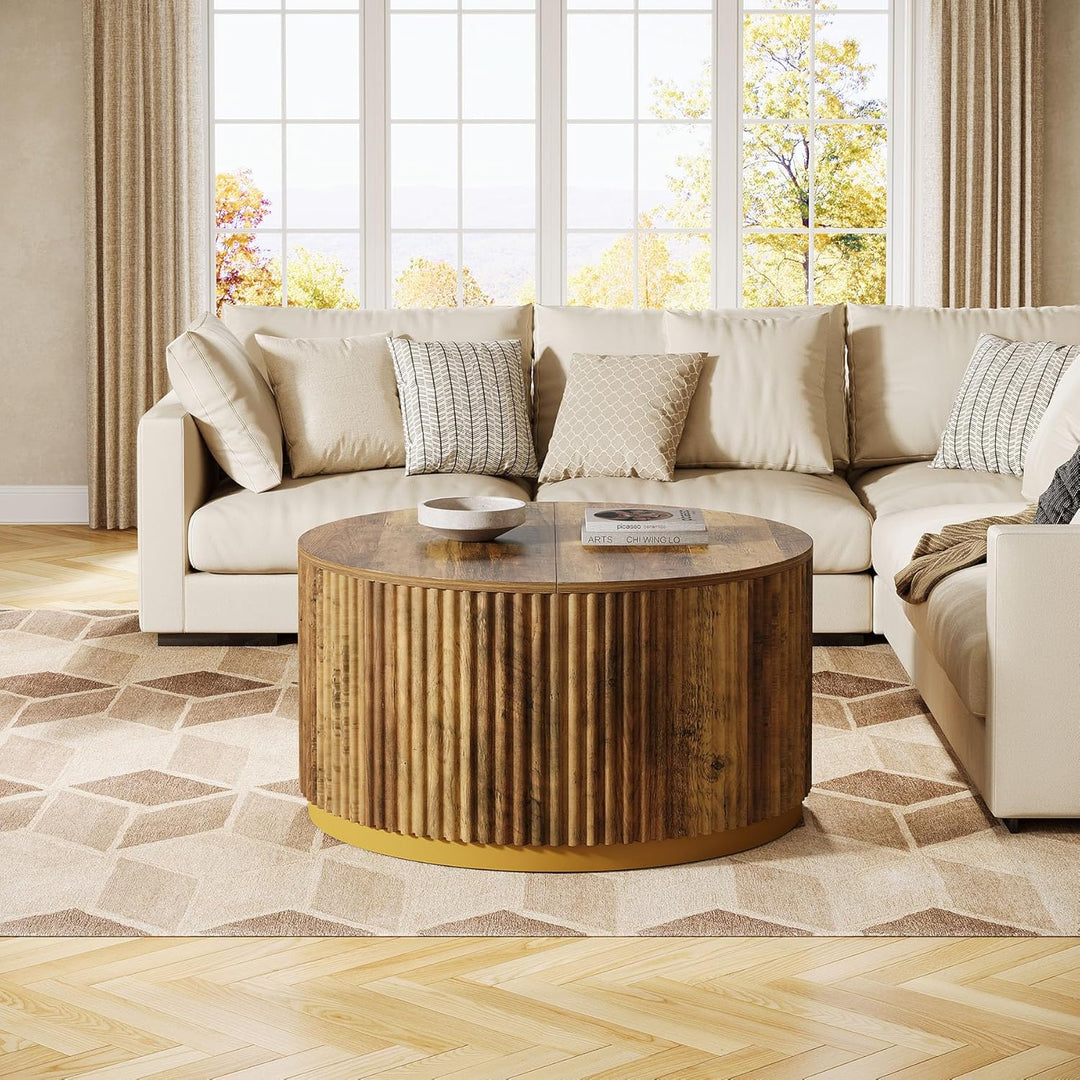 Tribesigns 80 cm runder Couchtisch, geriffelter Holztisch mit stabilem Trommelgestell, Wohnzimmertis