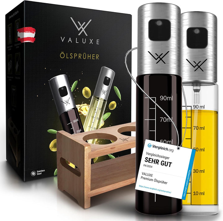 VALUXE® Ölsprüher für Speiseöl und Essig mit UV-Schutz Glas & Sprühfilter - 2er Set Edelstahl Öl-Spr