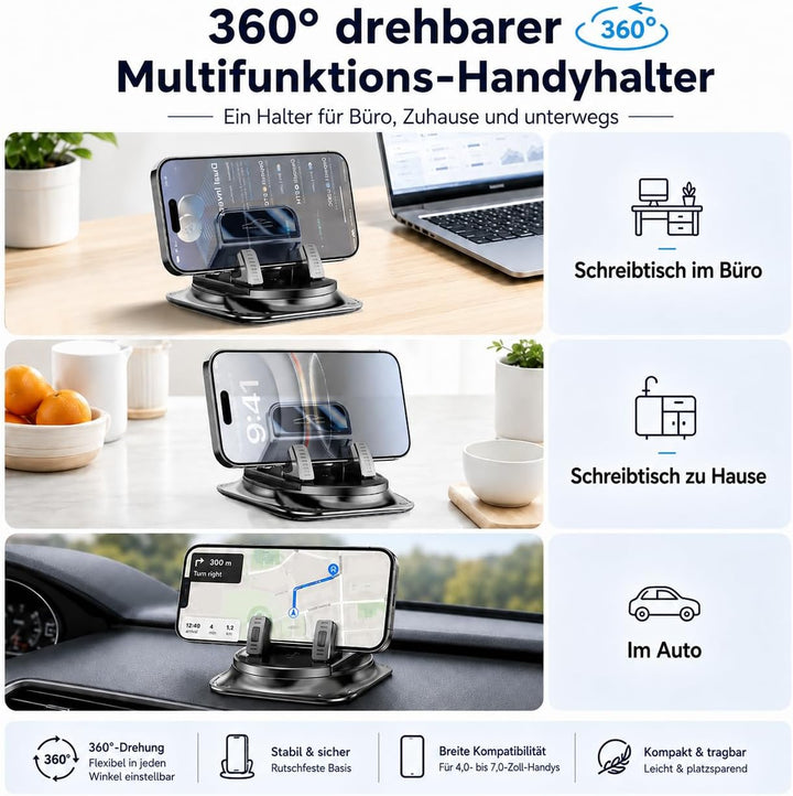 Generisch 360-Grad-Drehbarer Handyhalter fürs Auto mit Anti-Rutsch-Grips und einhändiger Bedienung,
