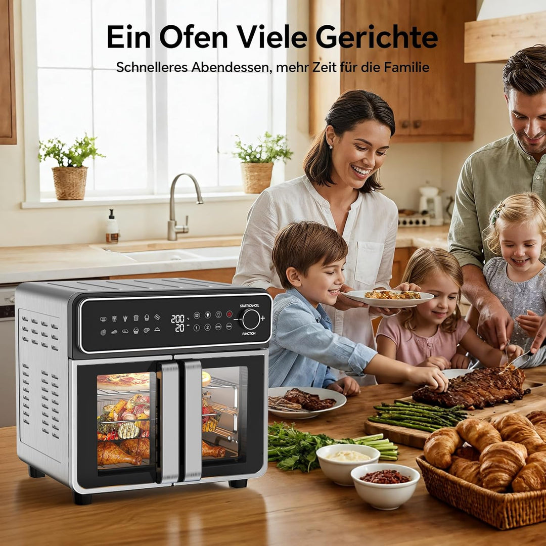 Emphsism Heissluftfritteuse XXL 23L - Mini Backofen Variable Flex-Zone, French Door Airfryer 2 Kamme