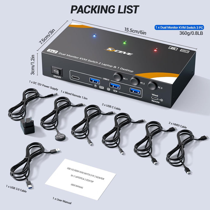 KVM Switch 3 PC 2 Monitore USB-C HDMI, USB 3.0 Dual Monitor KVM Switch für 2 Laptops 1 Desktop Teile