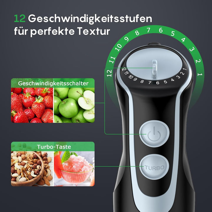 FRESKO 4-in-1 Stabmixer Edelstahl, 1000W Pürierstab mit 12 Geschwindigkeiten und Turbo-Modi, Inklusi