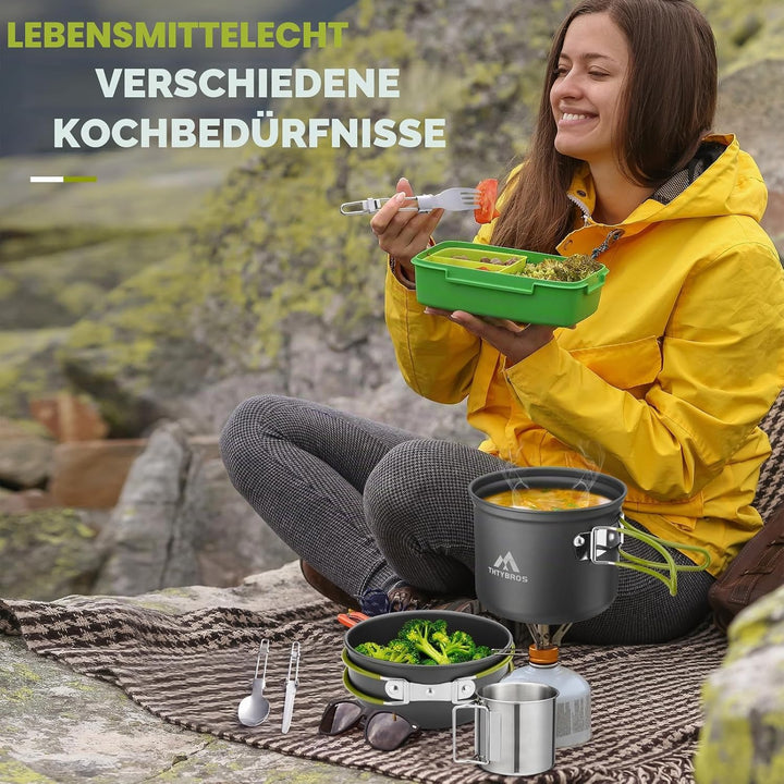 Outdoor Kochgeschirr Set Camping – 1,25L Topf & 0,65L Pfanne mit 0,3L Edelstahlbecher – Leichtes, Ro