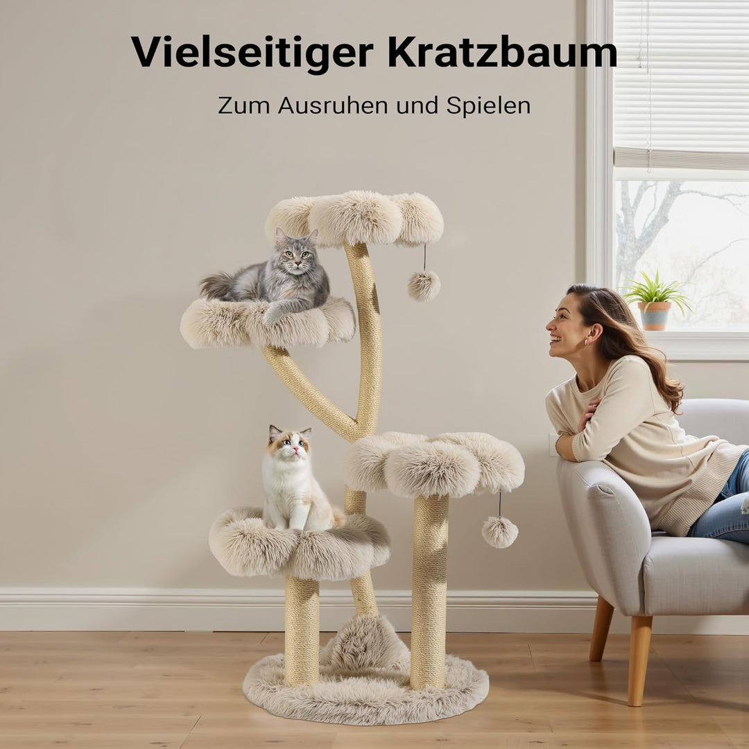 Fudajo Designer Kratzbaum 59 x 59 x 123 cm, Katzenkratzbaum mit Plüsch und Sisal, Kletterbaum für Ka