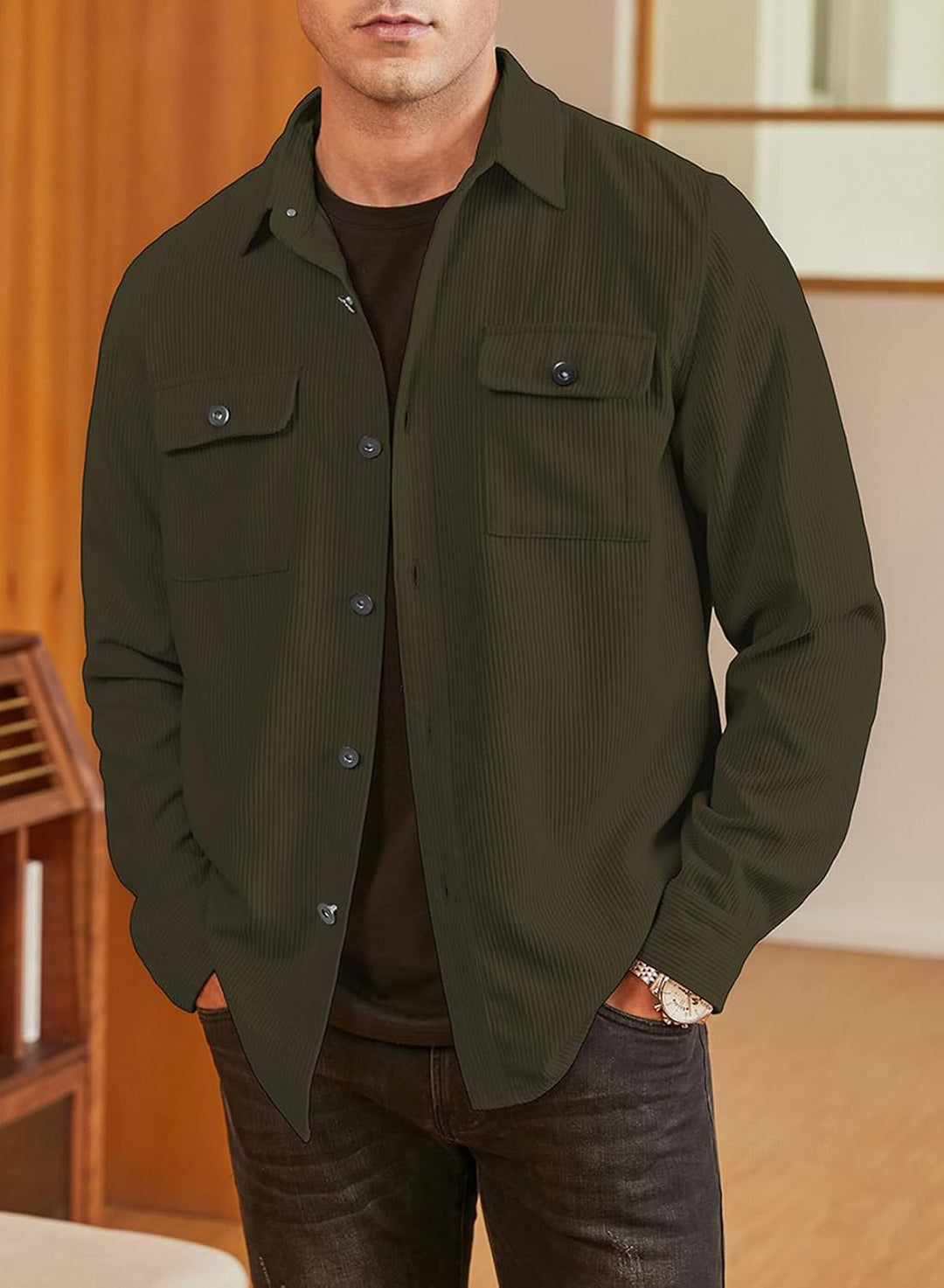 Herren Hemd Cord Langarm Freizeithemd Männer Jacke Regular Fit Button Up Hemdjacke Mit Klappentasche