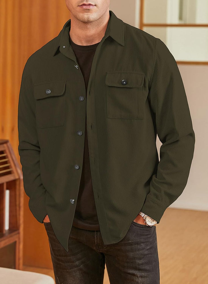 Herren Hemd Cord Langarm Freizeithemd Männer Jacke Regular Fit Button Up Hemdjacke Mit Klappentasche