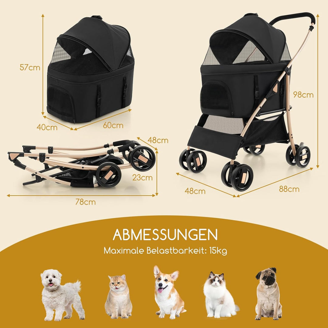 COSTWAY 3 in 1 Hundewagen, Hundebuggy klappbar, bis 15 kg, Haustierwagen mit Netzfenstern | verstell