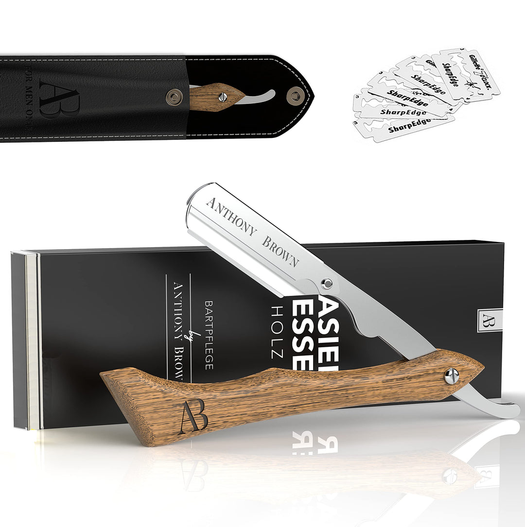 Anthony Brown® Rasiermesser Holz in Schwarz oder Silber - einzigartiger Klingenkopf für mehr Präzisi