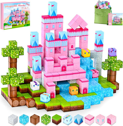 PINKCAT Magnetische Bausteine - Rosa Schloss Magnete Bausteine Spielset, Magnetischer Spielzeugbaust