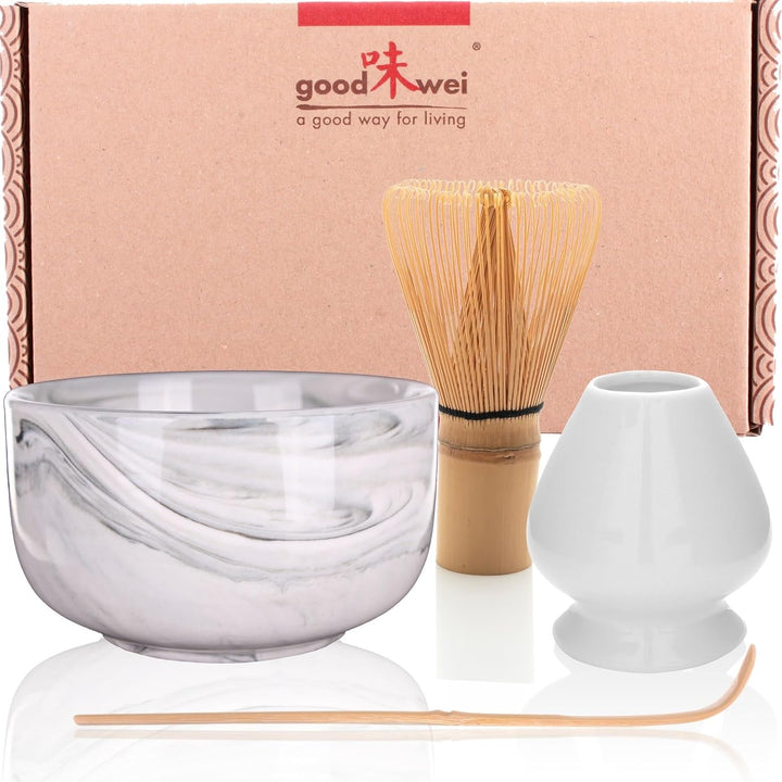 Goodwei Matcha Set komplett mit Matchabesen, Matcha Löffel und Matcha Schale aus Keramik mit Besenha
