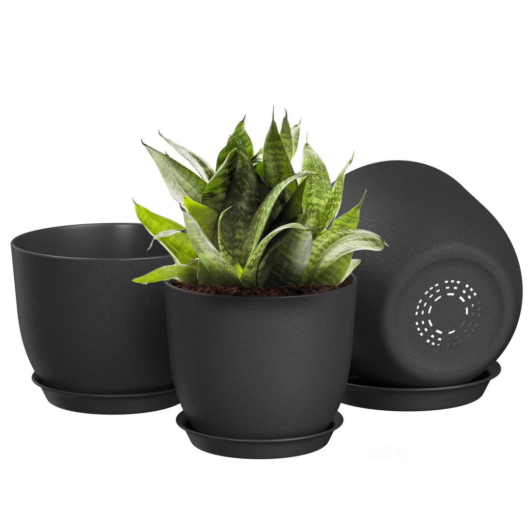 FIASON 25/23/20 cm Schwarz Blumentopf, Kunststoff-kräutertopf mit Drainagelöchern und Untertassen, E