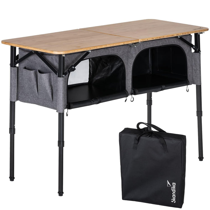 Skandika Campingtisch mit Schrank Tolja | Outdoor Bambus Klapptisch mit Stauraum, höhenverstellbar,