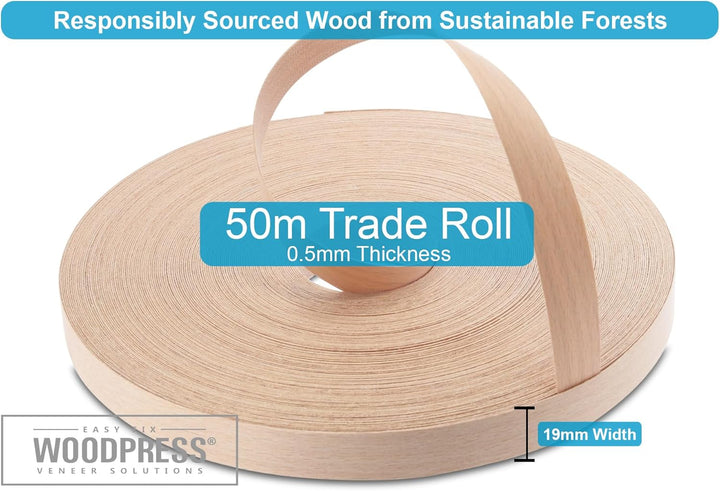 WoodPress® Kantenband aus echtem Buchenholz, 19 mm, 50 m, zum Aufbügeln, vorgeklebtes Kantenband für