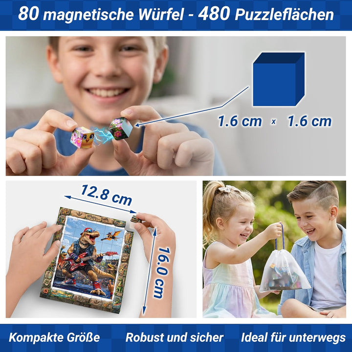 TOSY Picture Cube Wacky Dinos: 6-in-1 magnetisches Bilderpuzzle, 80 Blöcke, 488 Flächen/Magnete, 0,6