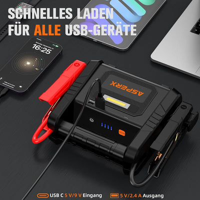 ASPERX 6000A Starthilfe Powerbank - Tragbare Auto Starthilfe für 12V Fahrzeuge (bis zu Alle Benzin o