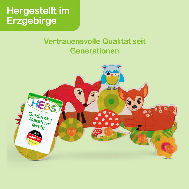 Hess Holzspielzeug 30303 - Garderobe aus Holz, Serie Waldtiere, mit 5 Haken, für Kinder, ca. 37 x 22