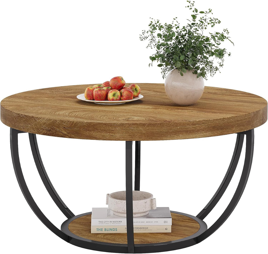 Tribesigns Runde Couchtisch, Industrial 2-Tier-Kreis Couchtisch mit Lagerung Regale, Moderne hölzern