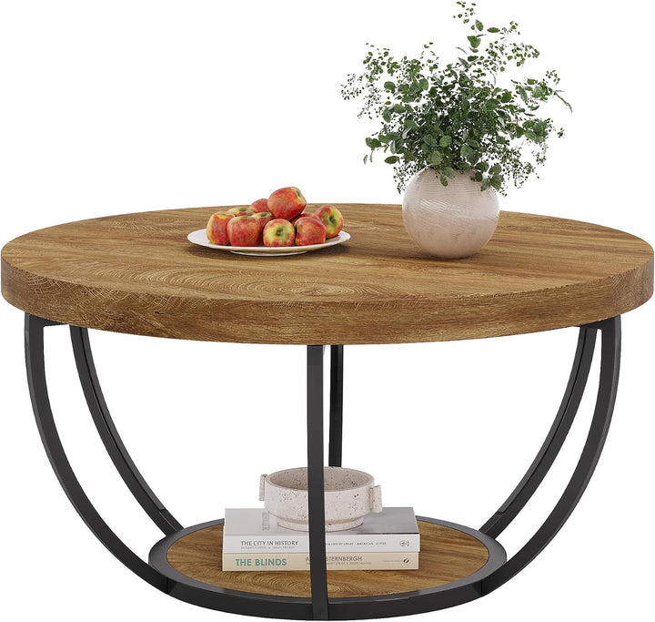 Tribesigns Runde Couchtisch, Industrial 2-Tier-Kreis Couchtisch mit Lagerung Regale, Moderne hölzern
