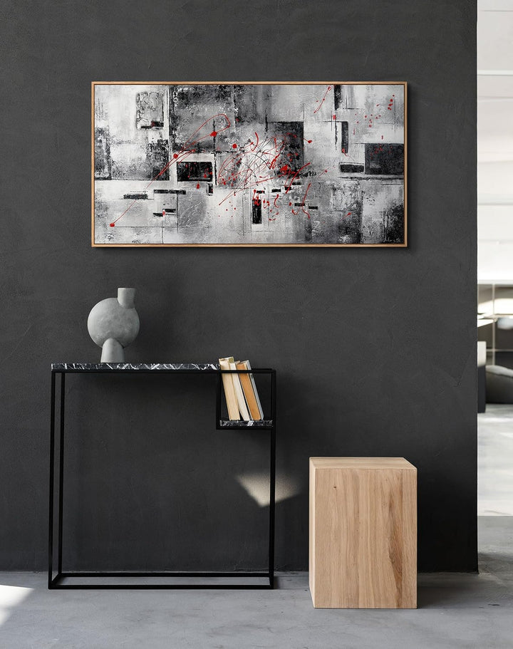 YS-Art XXL Abstrakt Acryl Gemälde auf Leinwand Courage handgemalt Wandbilder schwarz weiss grau rot
