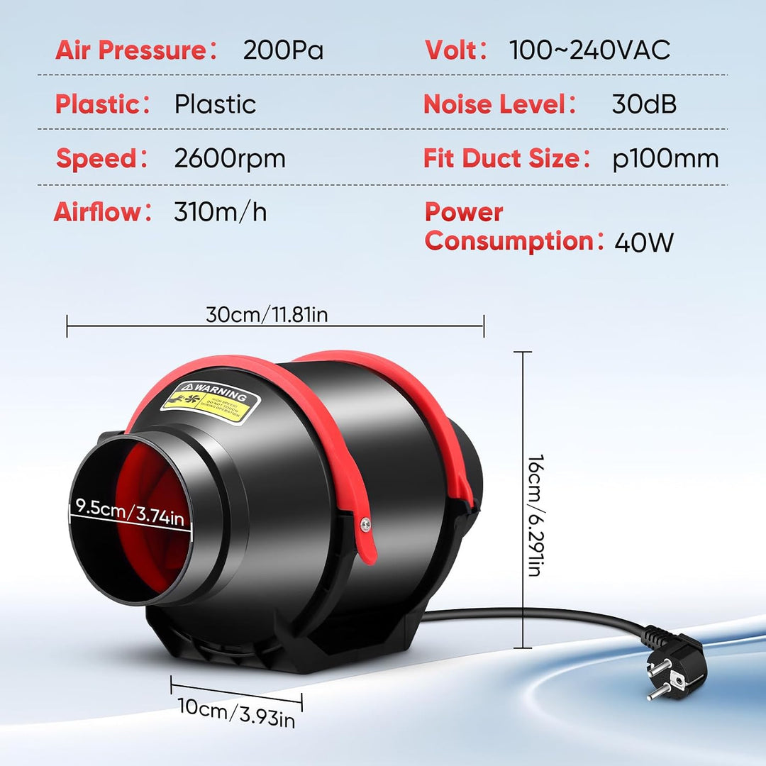 Rohrventilator 100mm mit Drehzahlregler, Einstellbarer Inline-Rohrlüfter 275m³/h, Leiser Abluftventi