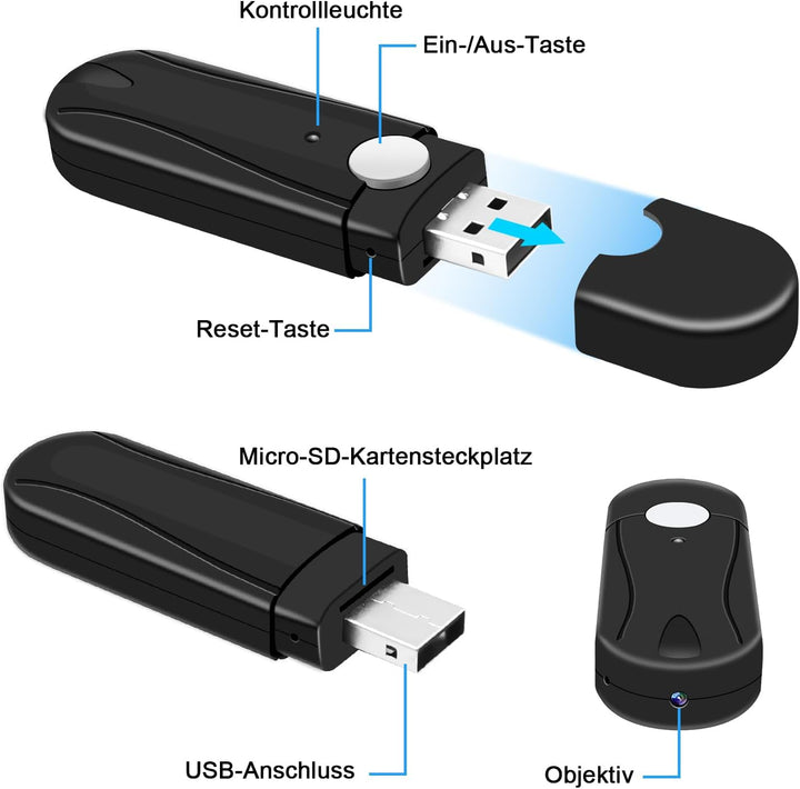Mini BodyCam,Tragbare Kleine Kamera innen und Aussenbereich,USB-Stick Videokamera HD 1080P MikroKame