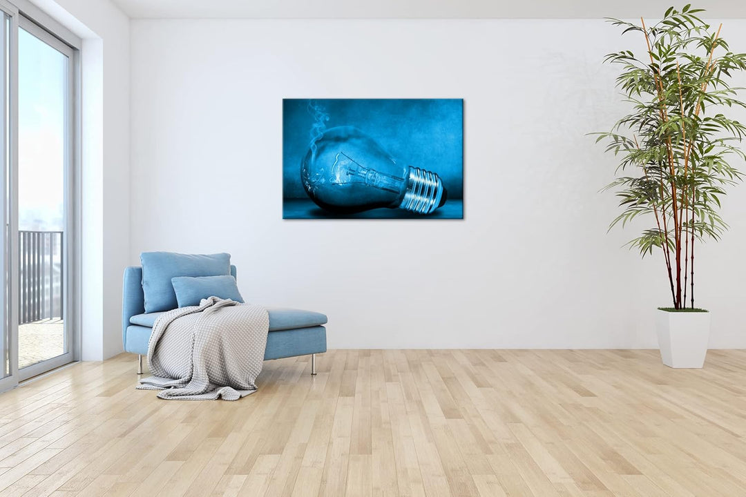deyoli leuchtende Glühbirne Format 100x70 Effekt: Monocrome Blau als Leinwandbild, Motiv fertig gera