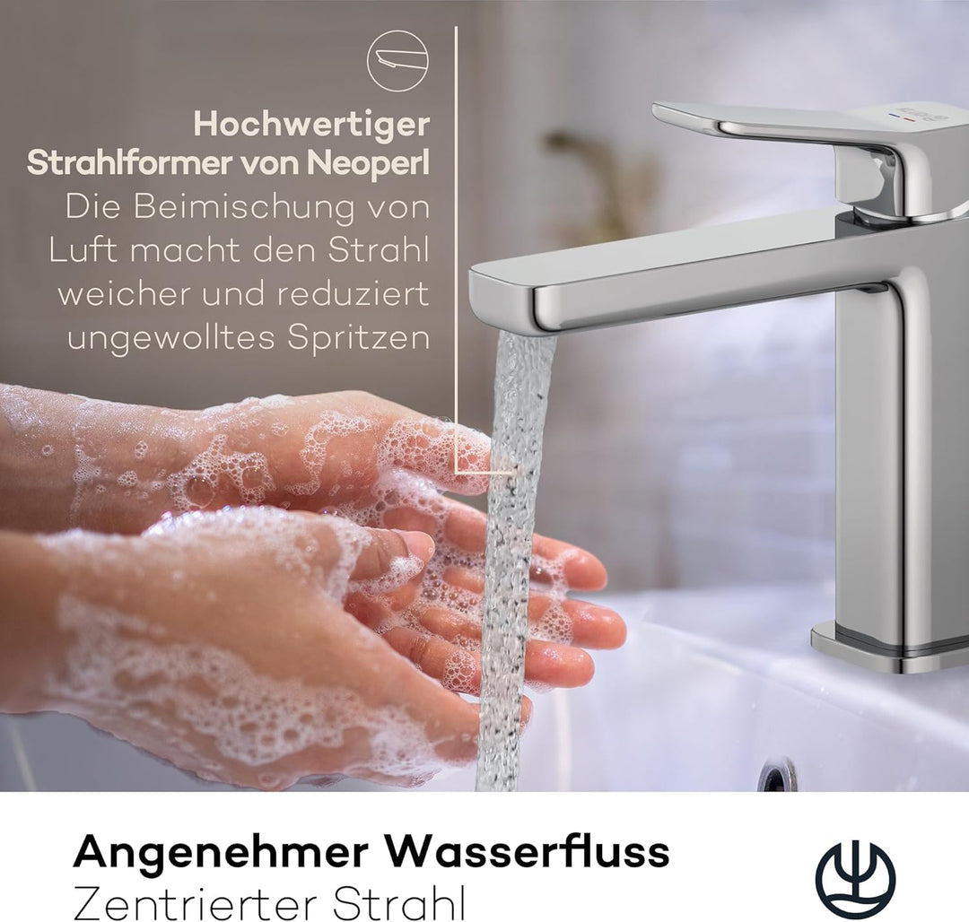 KLUDI-X3 Waschtischarmatur, Auslaufhöhe 110 mm, wassersparender Wasserhahn Bad Grösse M, Keramikkart