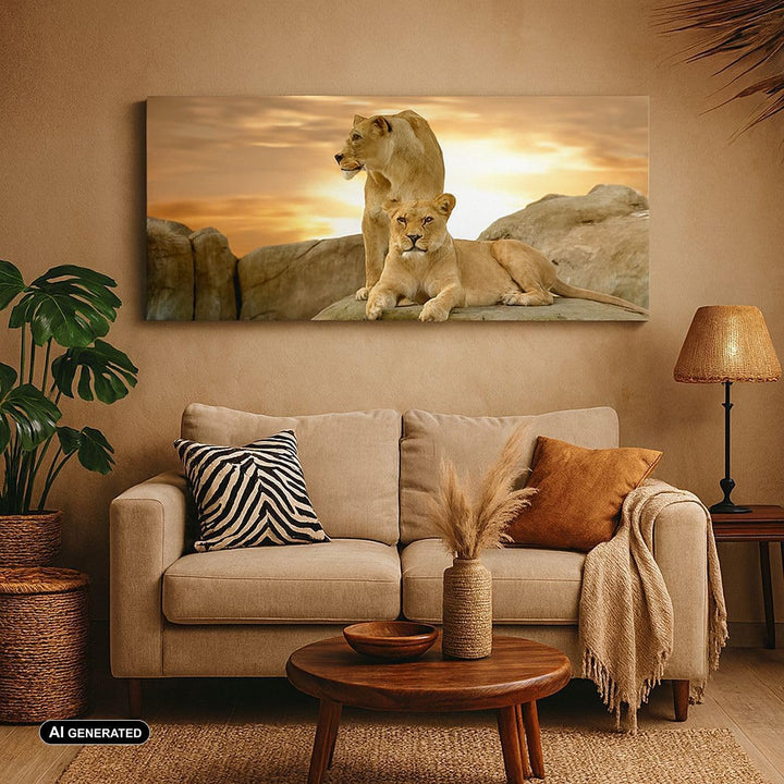 Wandbilder Dekoration Wohnzimmer Löwen Sonnenuntergang Felsen Krallen Bilder auf Leinwand 120x50cm L