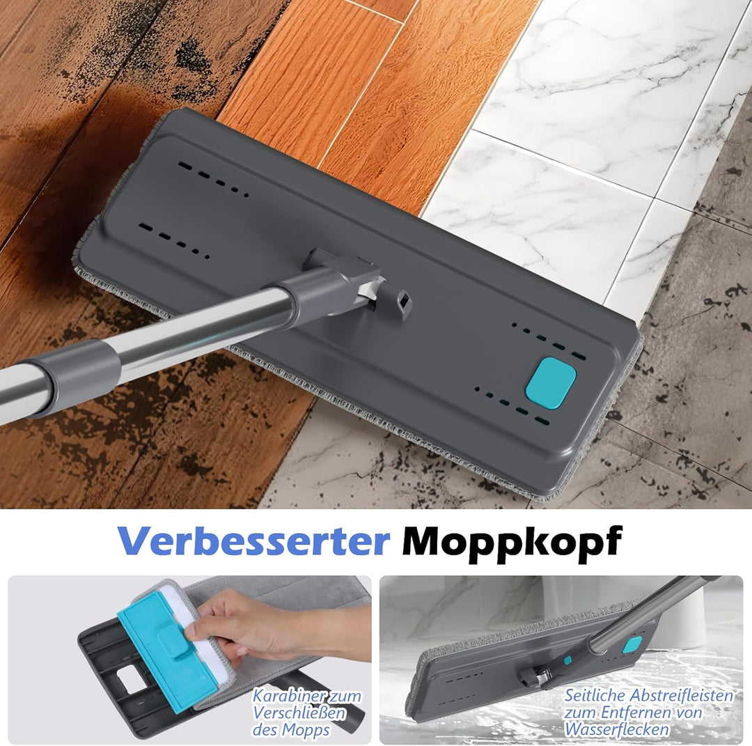 Masthome Wischmopp und Eimer Set, Flacher Bodenwischer mit 6 Mikrofaser-Wischpads und 148 cm Edelsta