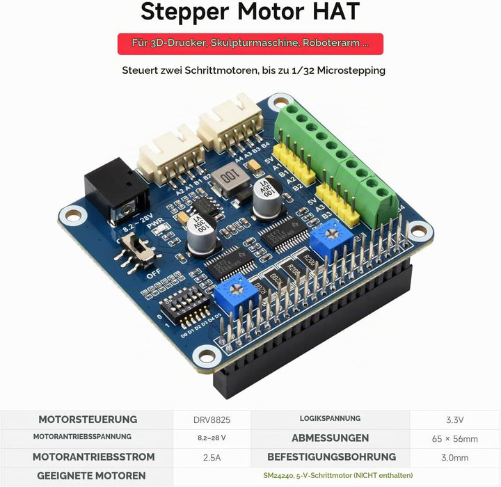 Waveshare Stepper Motor HAT for Raspberry Pi Drives Two Stepper Motors Up to 1/32 Microstepping